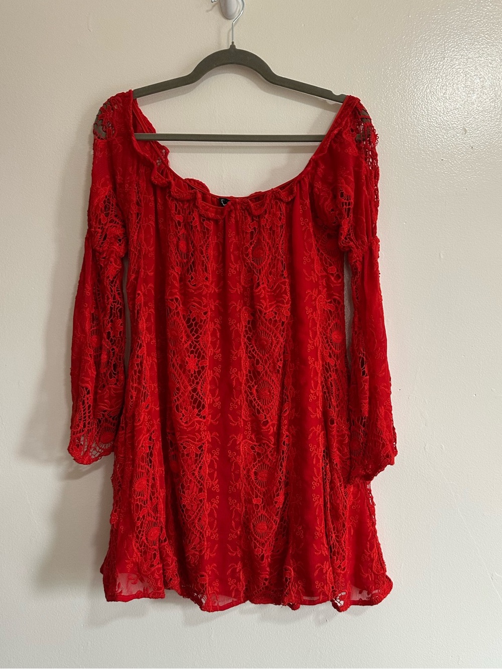 For Love & Lemons Red Crochet Lace Off Shoulder Mini Dress, Size Large